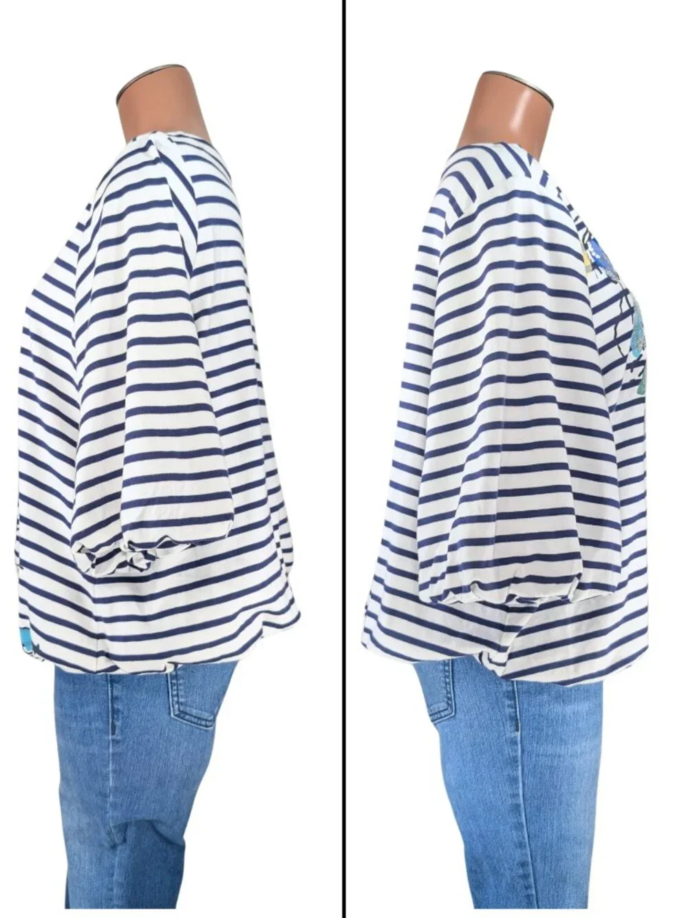 Chico's 2 Large Navy White Stripe Floral Embroidered Lined 3/4 Sleeve Top